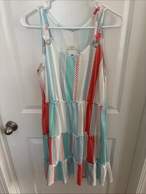 Striped Tiered Sleeveless Sundress in Coral, Aqua & White